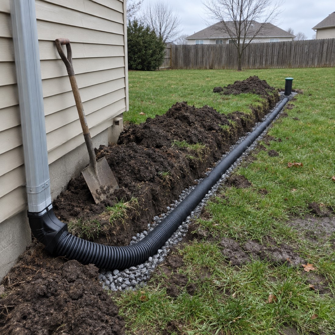 Scene showing a downspout connected to black corrugated drain pipe buried in a gravel trench, running to a pop-up emitter in the yard