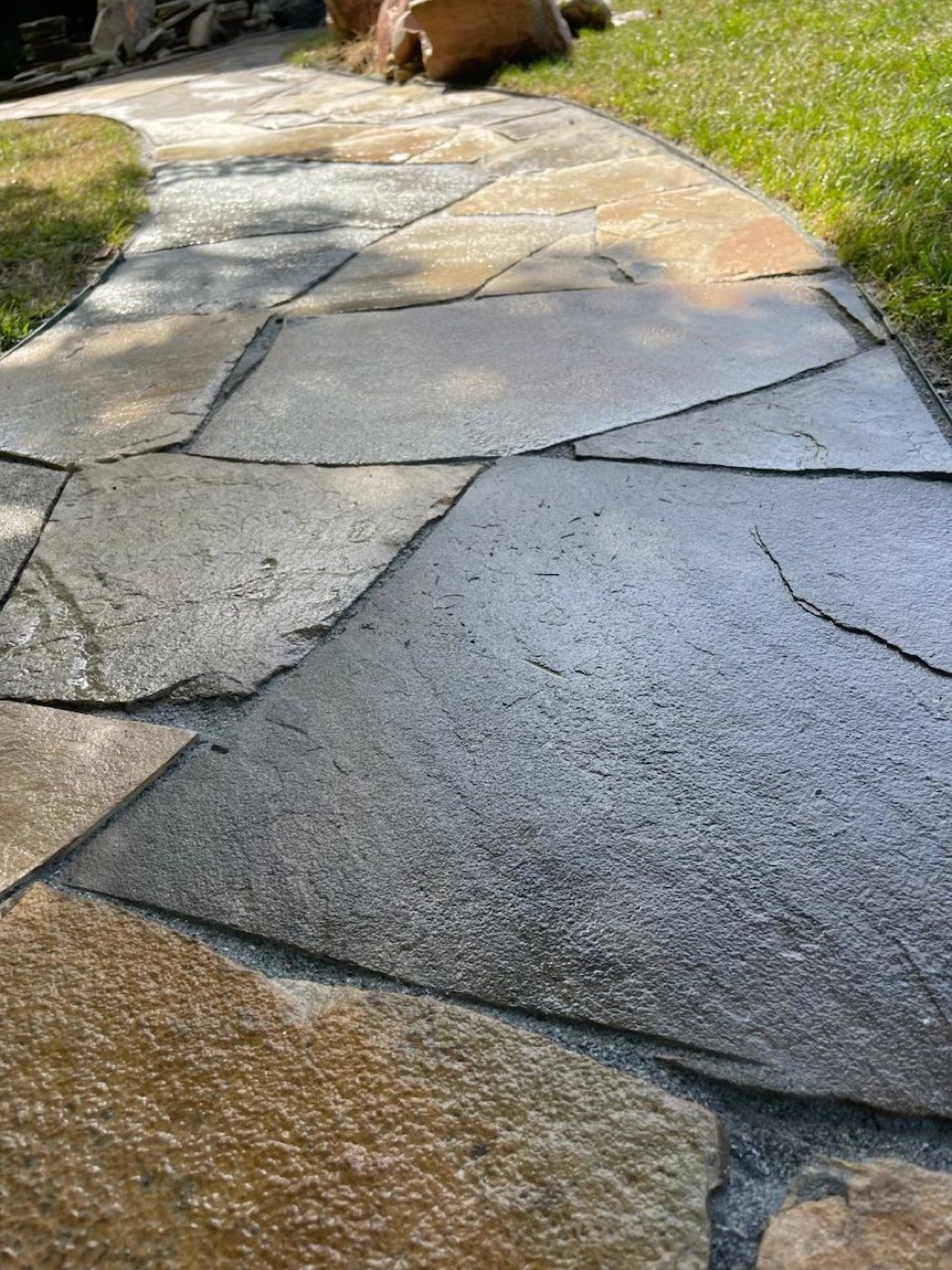 Close-up of a new flagstone walkway